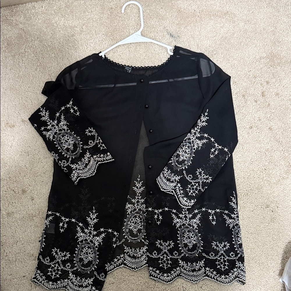 Forever 21 Black Blouse with White Embroidery
